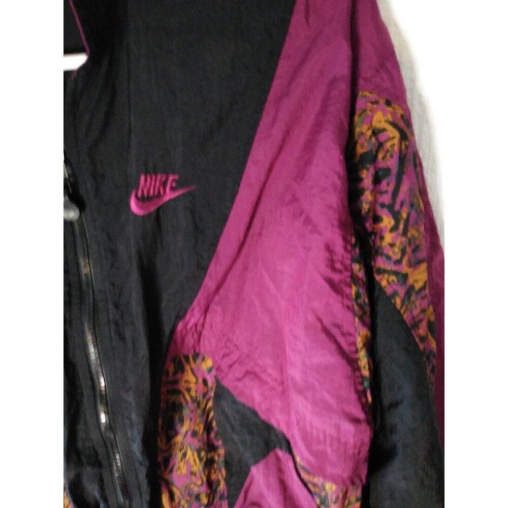 Vtg 80s Nike Track Jacket Women M Black Maroon Bold Pattern Festival Windbreaker - Picture 2 of 8